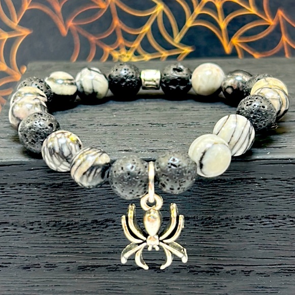 Handmade Halloween Spider Charm Bracelet with Natural Jasper & Lava Rock Stones! - Picture 2 of 8